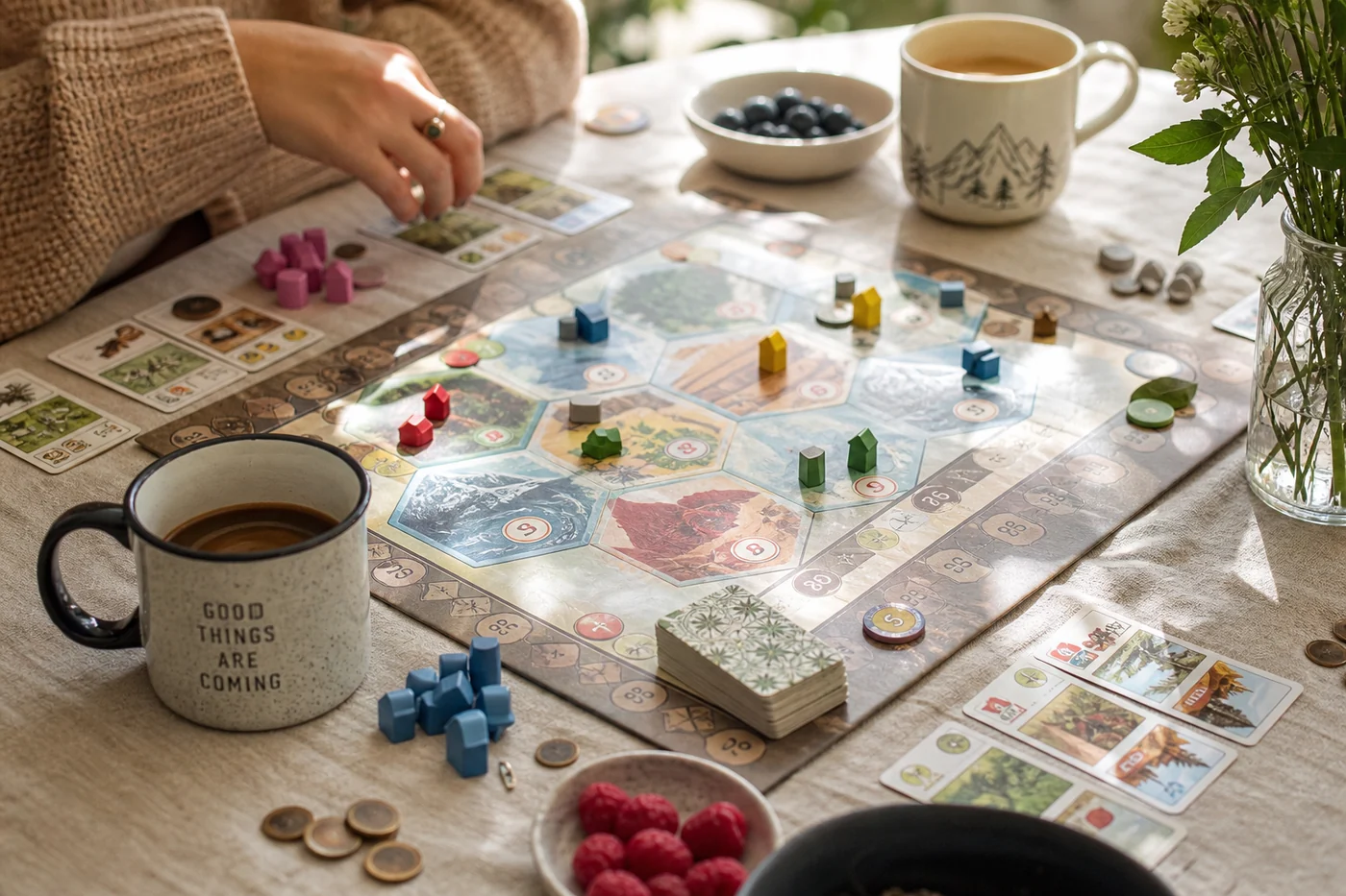 Café et partie de Blokus sur nappe